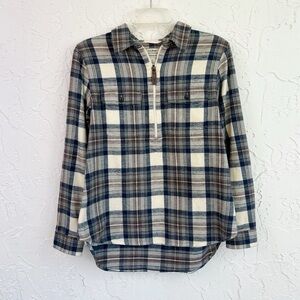 L.L Bean Blue Plaid Flannel 1/4 Zip Collared Relaxed Fit Size Small Gorpcore